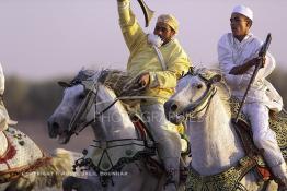 Image du Maroc Professionnelle de  Course typiquement marocaine dite ''la Fantasia'' organisé  durant le festival du Folklore de  Marrakech, 14 Juillet 2001. (Photo / Abdeljalil Bounhar)

